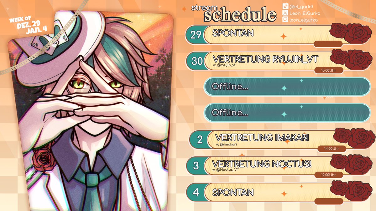 Mein Streamplan für die Woche!
Am 30ten wird <a href="/Ryujin_VT/">RyūjinVT | 🐉💛 Golden Dragon VTuber</a>  den ersten Vertretungsstream auf meinem Kanal überhaupt machen!
Am 2.1.2026 übernimmt es dann <a href="/ImAkari4/">Akari</a> 
Und den letzten Vertretungsstream macht dann <a href="/NoctusVT/">Noctus✨Dokomi 2026✨</a> !
Ich danke euch 3! Schaut aufjedenfall bei denen Vorbei!💚