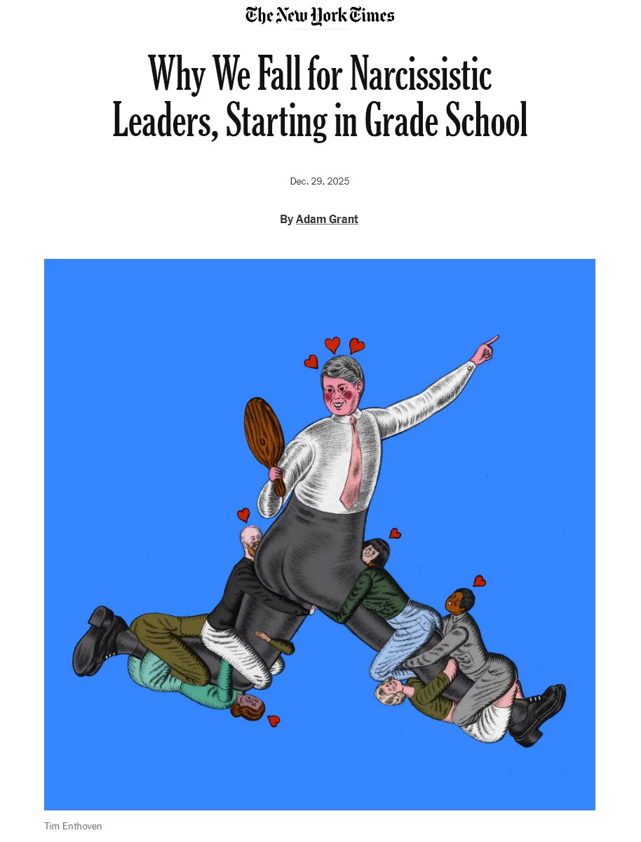AdamMGrant's tweet image. People are more drawn to arrogant leaders in an uncertain world. They mistake swagger for strength and skill.

Narcissists see power as an opportunity to seize, not a responsibility to serve.

Great leaders balance confidence with humility and put their missions above their egos.