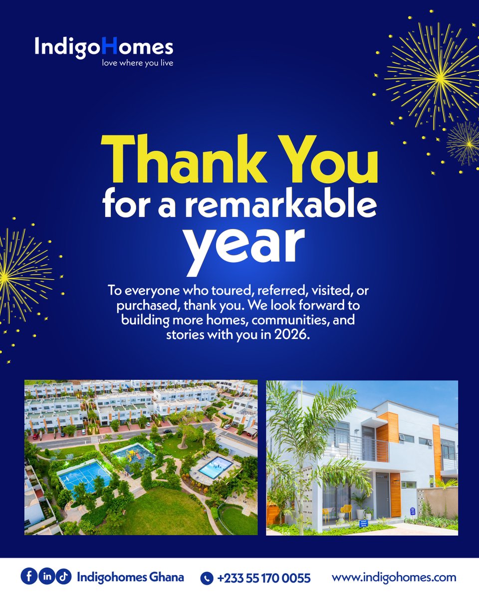 IndigoHomesGh's tweet photo. To everyone who toured, referred, visited, or purchased, thank you. We look forward to building more homes, communities, and stories with you in 2026.

Explore our communities. Call or WhatsApp us on +233551700055 today.

#IndigoHomes #NewYear2026 https://t.co/uvvv4HIEdK