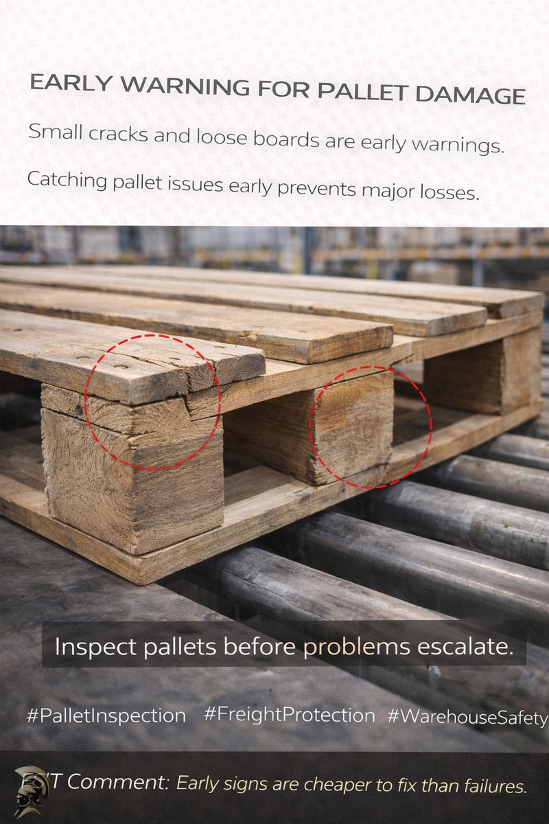 PalletJunction's tweet image. Small cracks and loose boards are early warnings. Catching pallet issues early prevents major losses. #PalletInspection #FreightProtection #WarehouseSafety