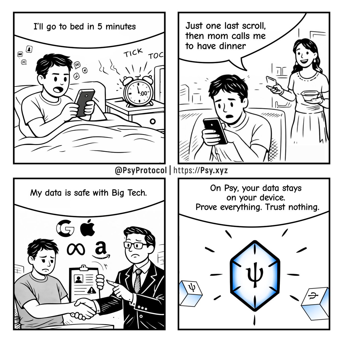 PsyProtocol's tweet image. End-of-year reflection: What was your most-told lie in 2025?

A. "I'll go to bed in 5 minutes"
B. "Just one last scroll"
C. "My data is safe with Big Tech"

Psy is built to kill "C", local execution + recursive ZK means your data stays on your device.

Prove everything. Trust…