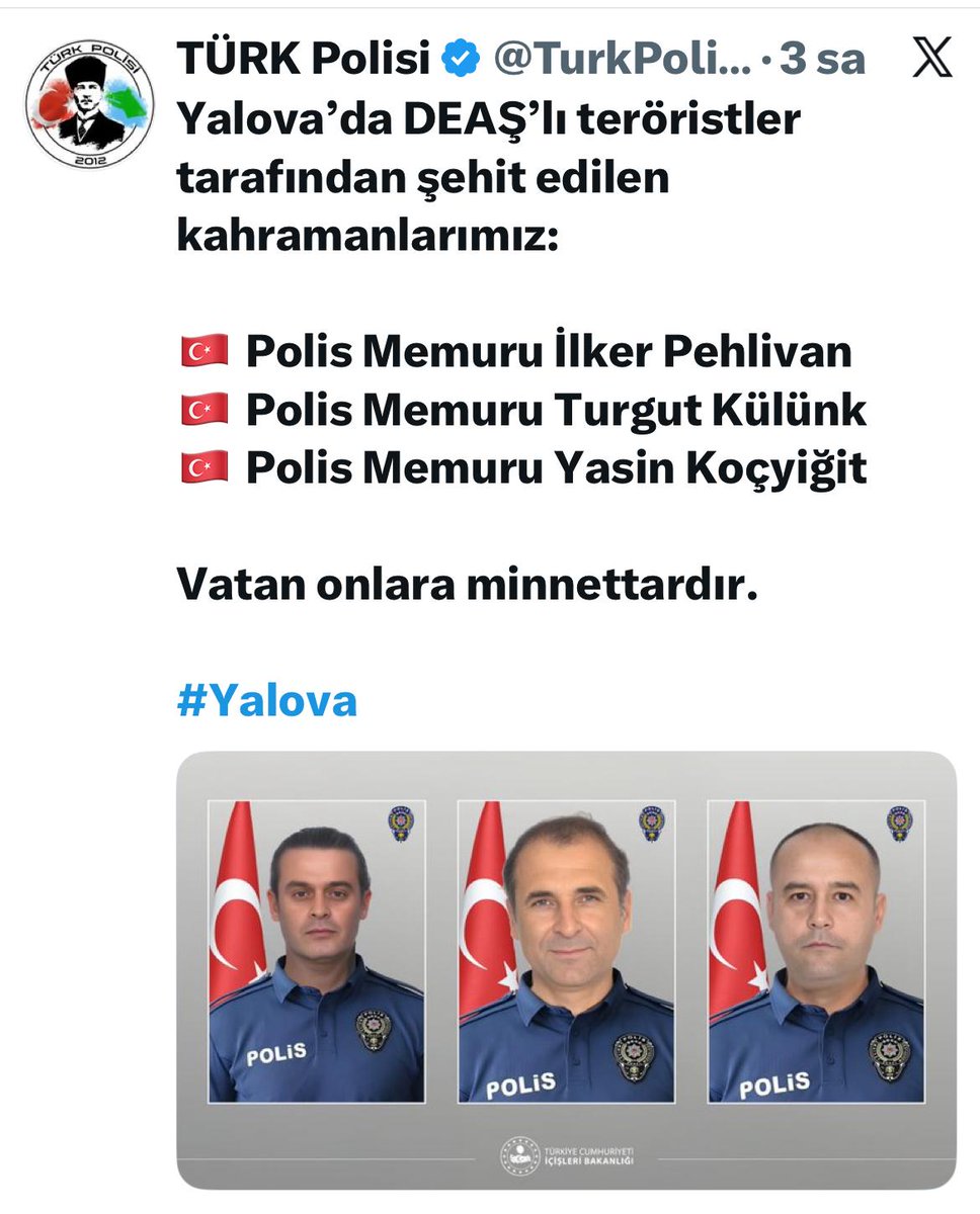 NidaiSeven's tweet photo. Yalova'da şehit edilen polislerimize Cenab-ı Allah'tan rahmet, yaralılara acil sifalar diliyorum. Tetik çeken, çektiren ve onlara bu cesareti verenlerin ocağları kül olsun İnşallah. Ruhlarına el Fatiha 🤲🌹🇹🇷 
Nidai SEVEN https://t.co/kWwZzPGHOt