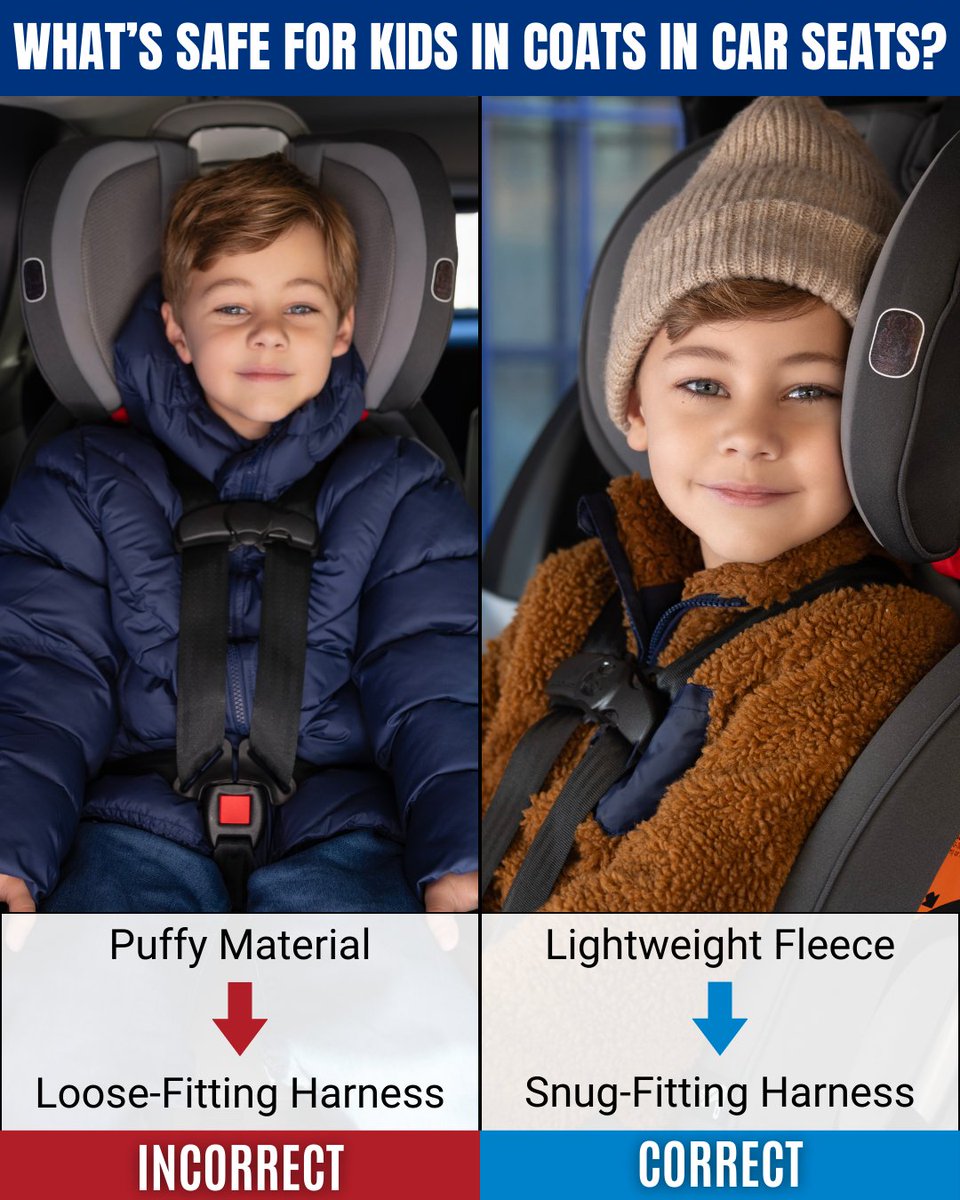 Parents — a bulky coat can create extra room in a car seat harness. ❌

Thinner layers provide the same warmth, and the harness will still fit snugly. 🧒✔️