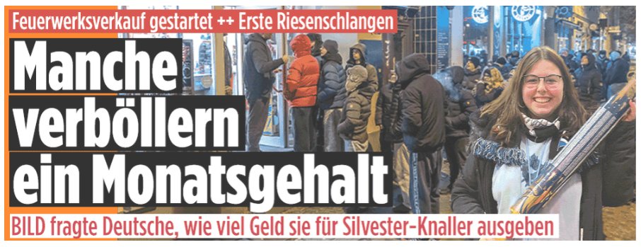 Paar tausend Euro für Böller aufm Kopf hauen, kein Problem... Aber es geht uns ja so schlecht, Deutschland steht vorm Abgrund🤡
