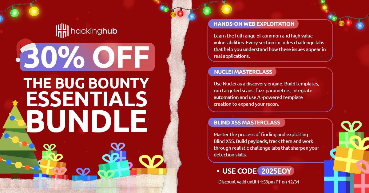 I'm hosting one final giveaway for my "Bug Bounty Essentials"  with over 20 hours of content and 100+ labs. All you have to do is drop a 🧑🏽‍💻 under this tweet to enter! Winner will be announced on December 31.

Or purchase it directly on <a href="/hackinghub_io/">HackingHub</a>  for 30% off 👉🏼
