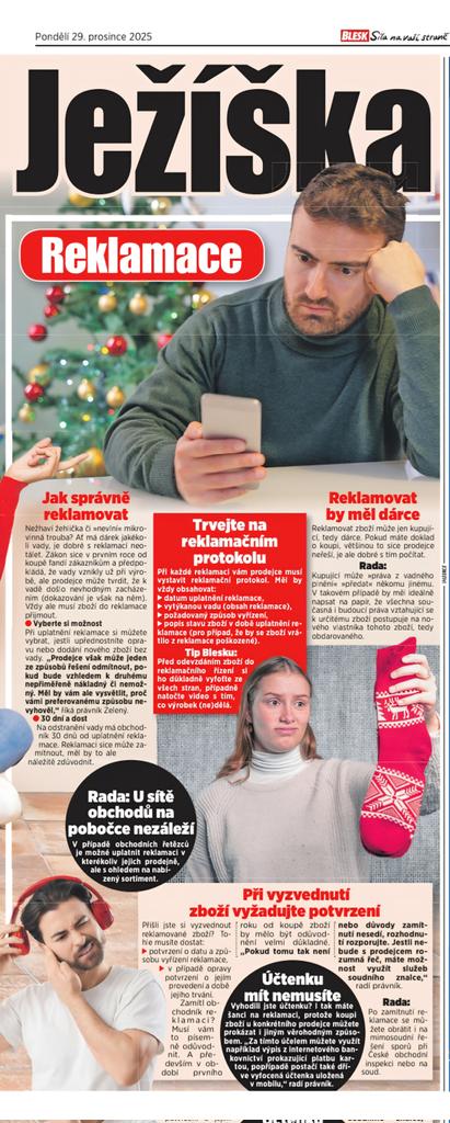 Dnešní vydání deníku Blesk... 👇

Mohlo se vám stát, že se pod vánočním stromečkem objevil dárek, který obdarovaného příliš nepotěšil. #DobréRady, jak naložit s nevhodným nebo rozbitým vánočním dárkem, si můžete přečíst na těchto dvou stranách. 🎄🎁
