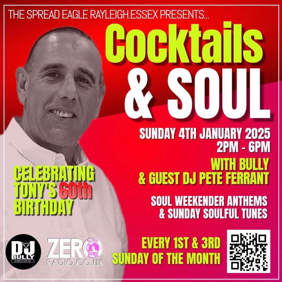 djpeteferrant's tweet photo. Looking forward to COCKTAILS &amp; SOUL
Sunday 4th January 2026
2pm - 6pm 
With Bully &amp; Pete Ferrant
Playing Soul Weekender Anthems &amp; Sunday Soulful Tunes - &amp; Celebrating Tony’s Birthday | Get There Early This Sunday coming 👌🤗👍@ The Spread Eagle Rayleigh Essex https://t.co/Mes7h8ewLy