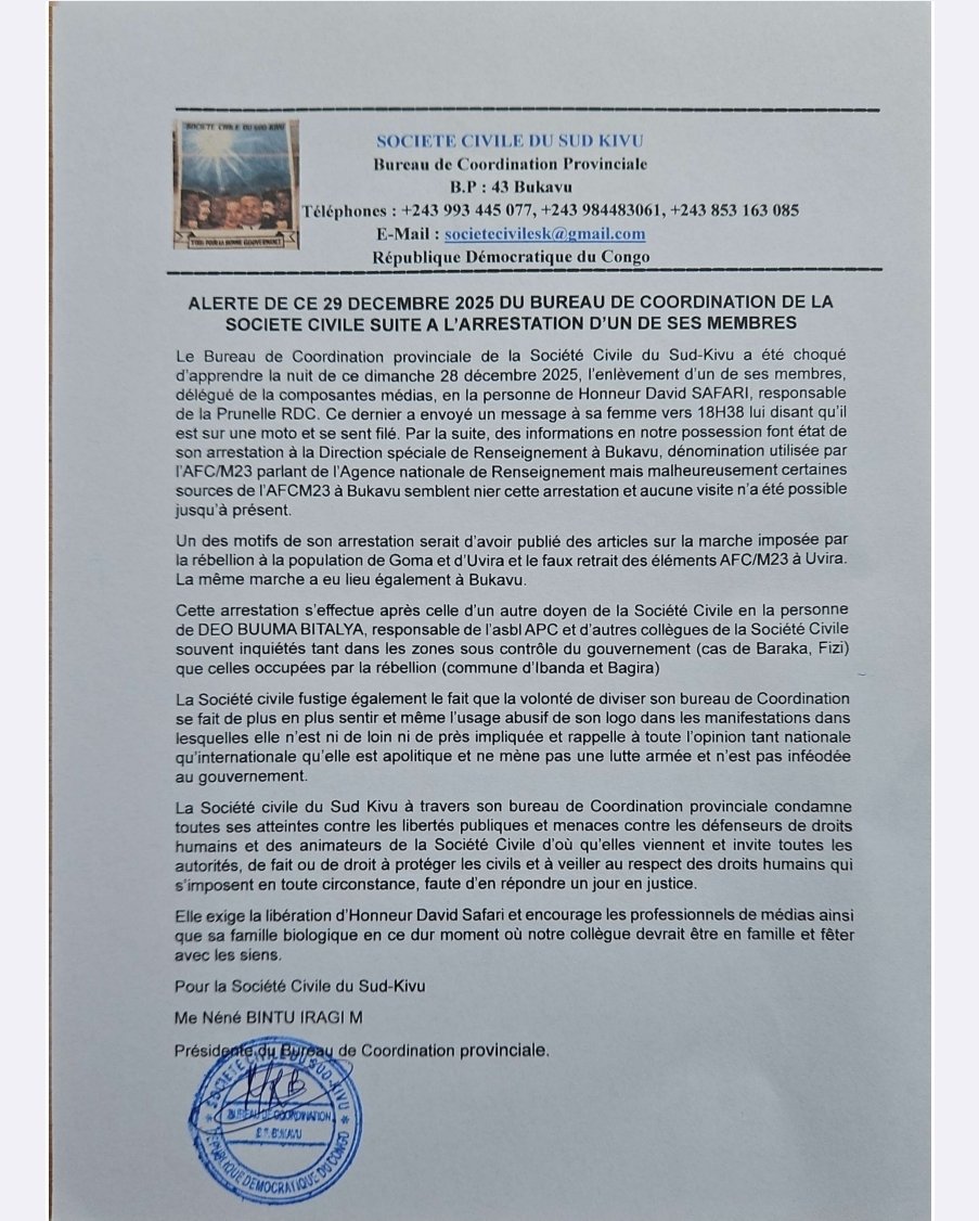 StanysBujakera's tweet photo. #RDC: Inquiétude à Bukavu, après "l'enlèvement" du journaliste Honneur-David #Safari, rédacteur en chef du média La #Prunelle RDC. https://t.co/44VZ3J9RXZ