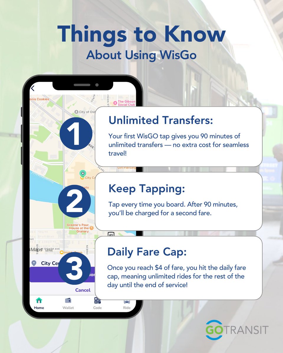 Oshkosh_Transit's tweet photo. Pay with WisGo! 
✅ Tap or scan your WisGo card/app for every ride
✅ Enjoy 90-minute transfers
✅ Never pay more than $4/day or $40/month https://t.co/SWi5PWbnqj