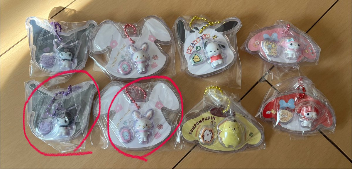 xx24mr's tweet photo. サンリオ パッケージチャームの交換を探しております🧸🩵

譲→1枚目赤丸　クロミ、ウィッシュミーメル
求→2枚目緑丸　シナモロールorハンギョドンorバツ丸くん

できれば2つまとめて交換できる方希望です！お心当たりございましたらお気軽にお声かけください💫

#サンリオパッケージチャーム https://t.co/pZYg7pj68e