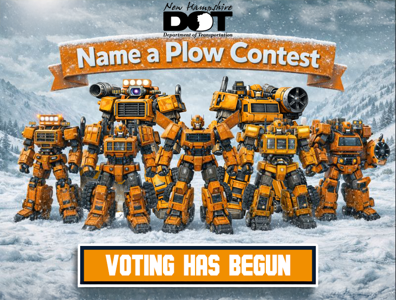 NewHampshireDOT's tweet photo. Meet the ultimate winter warriors! ❄️🤖 Vote for the NHDOT Name a Plow Contest by January 7! 🗳️ https://t.co/dbJgwlQdRn #ProudToBeNHDOT #NameAPlow #SnowPlowsInDisguise https://t.co/Kk1v2MRtOF