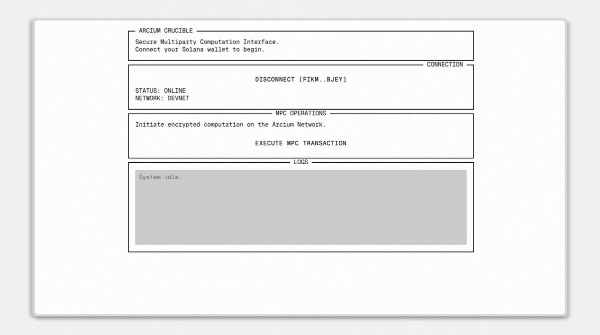 open-source privacy front-end SDK <a href="/hiddencrucible/">Hidden Crucible</a> for <a href="/Arcium/">Arcium ☂️</a> is live!

this SDK is gonna be super clutch for front-end devs looking to quickly integrate the ready-to-go <encrypted> Arcium program.

it’s got all the components you need to build apps, plus an LLM guide, Quick