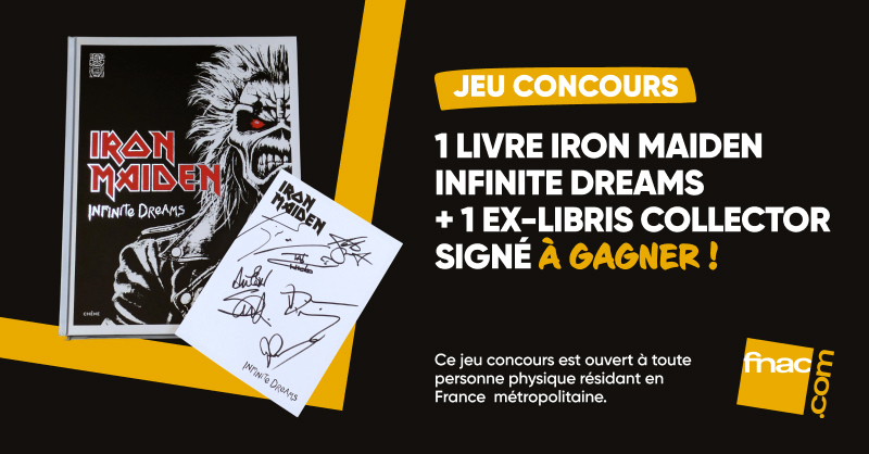 Fnac's tweet image. #JeuConcours 🎉 Iron Maiden fête ses 50 ans de carrière ! 
💀🎸 Tentez de gagner leur livre Iron Maiden Infinite Dreams + 1 ex-libris collector signé.

🎁 Pour participer :
🔁+ 💬 + Follow
📅 TAS 8/01 - 1 gagnant

À vous de jouer... Up the irons !🤘
👉 urlr.me/n2m87e