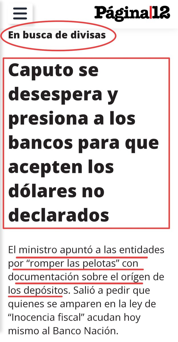 Ante la desesperación por dólares, "Caputo exigió a los bancos `no romper las pelot.s´ con documentación sobre el origen de los depósitos".
¡Atento!, quienes violen la ley puede incurrir en delitos previstos en el Cod Penal, porque los blanqueos y beneficios impositivos no
