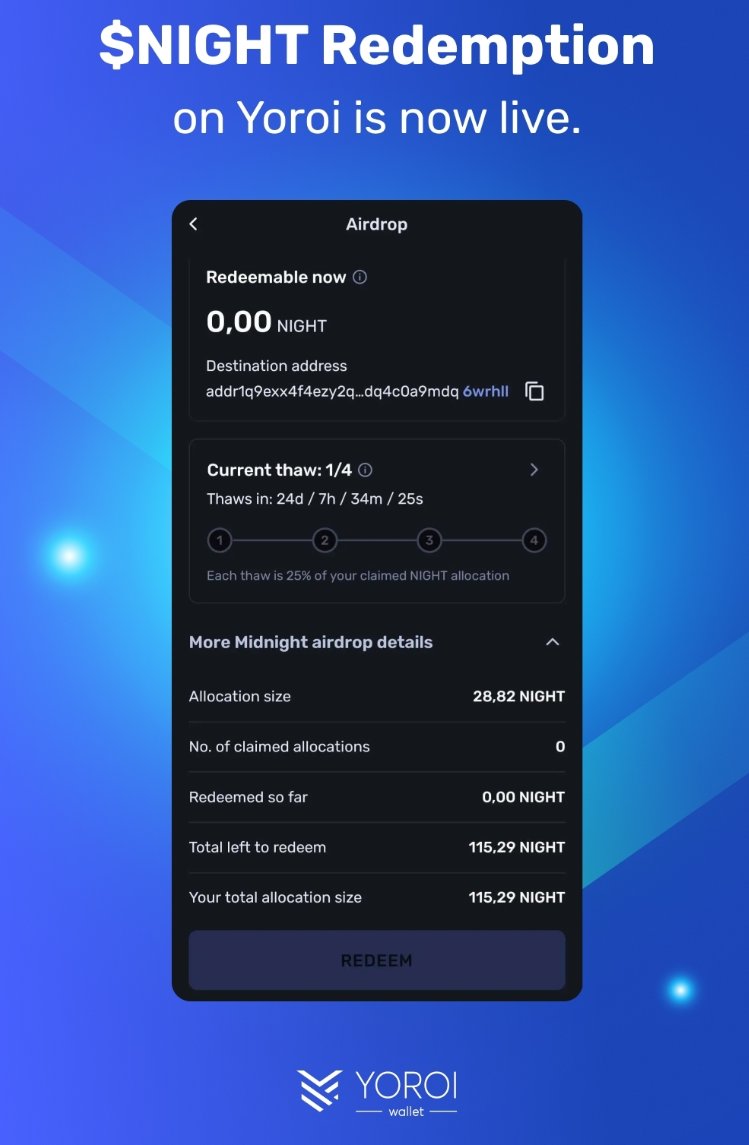 cardano_5pc's tweet photo. 🔥 You can now redeem $NIGHT directly on Yoroi Mobile (v7.0.1) — fast, simple, and fully handled within the app. The unlocking schedule is clearly displayed, and support for the Yoroi Extension is coming soon.

#NIGHT #YoroiWallet #Cardano #Crypto #Airdrop #Web3 https://t.co/brWqOzZV98