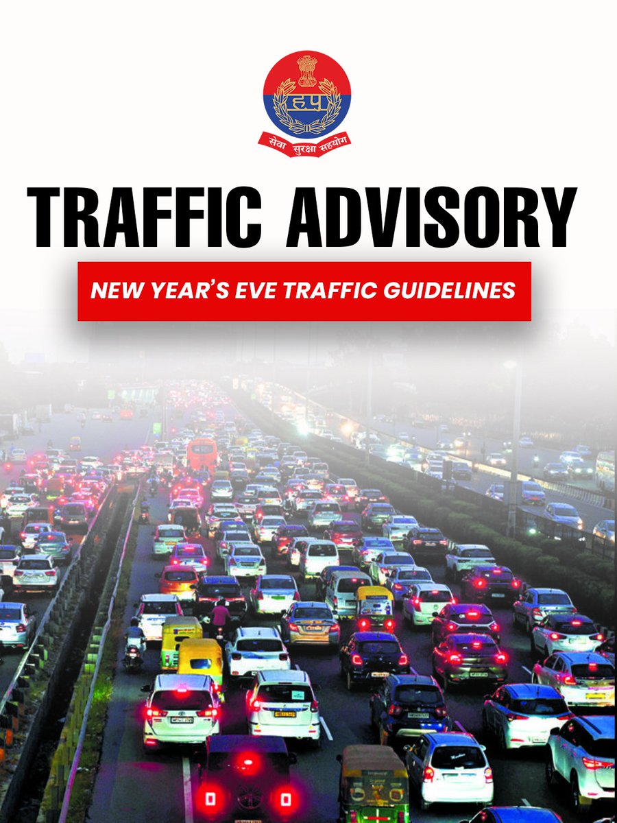 TrafficGGM's tweet image. New Year’s Eve traffic guidelines are in effect across Gurugram.
Kindly follow advisories, avoid roadside parking, and plan your travel in advance.
#TrafficAdvisory #GurugramTrafficPolice #NewYearsEve #RoadSafety