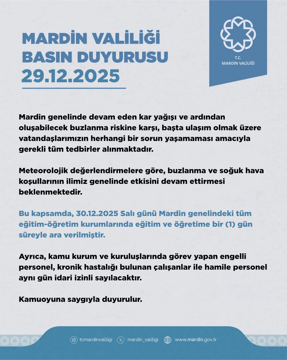 Mardin genelinde devam eden kar yağışı ve ardından oluşabilecek buzlanma riskine karşı, başta ulaşım olmak üzere vatandaşlarımızın herhangi bir sorun yaşamaması amacıyla gerekli tüm tedbirler alınmaktadır.

Meteorolojik değerlendirmelere göre, buzlanma ve soğuk hava koşullarının
