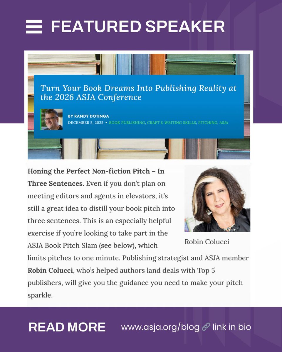 Robin Colucci is featured in ASJA’s preview of the 2026 ASJA Conference, highlighting her session:

“Honing the Perfect Non-fiction Pitch — In Three Sentences.”

To read the full article and learn more about the conference details, click here:
asja.org/turn-your-book…