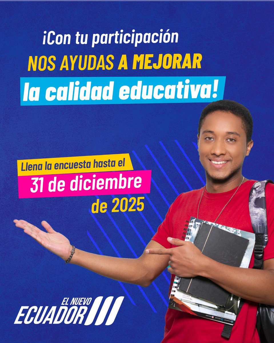 Te invitamos a llenar la encuesta de seguimiento de bachilleres, dirigida a graduados del año lectivo 2023-2024.

🗓️ Hasta el 31 de diciembre de 2025.

📝 Ingresa al formulario ➡️ bit.ly/4pfgdAA

#ElNuevoEcuador