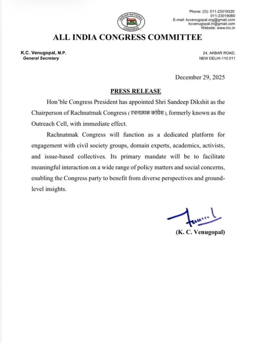 Heartiest congratulations to Shri Sandeep Dikshit ji on being appointed as the Chairperson of the Rachnatmak Congress (Outreach Cell), and My  best wishes for a successful tenure!

<a href="/_SandeepDikshit/">Sandeep Dikshit</a>