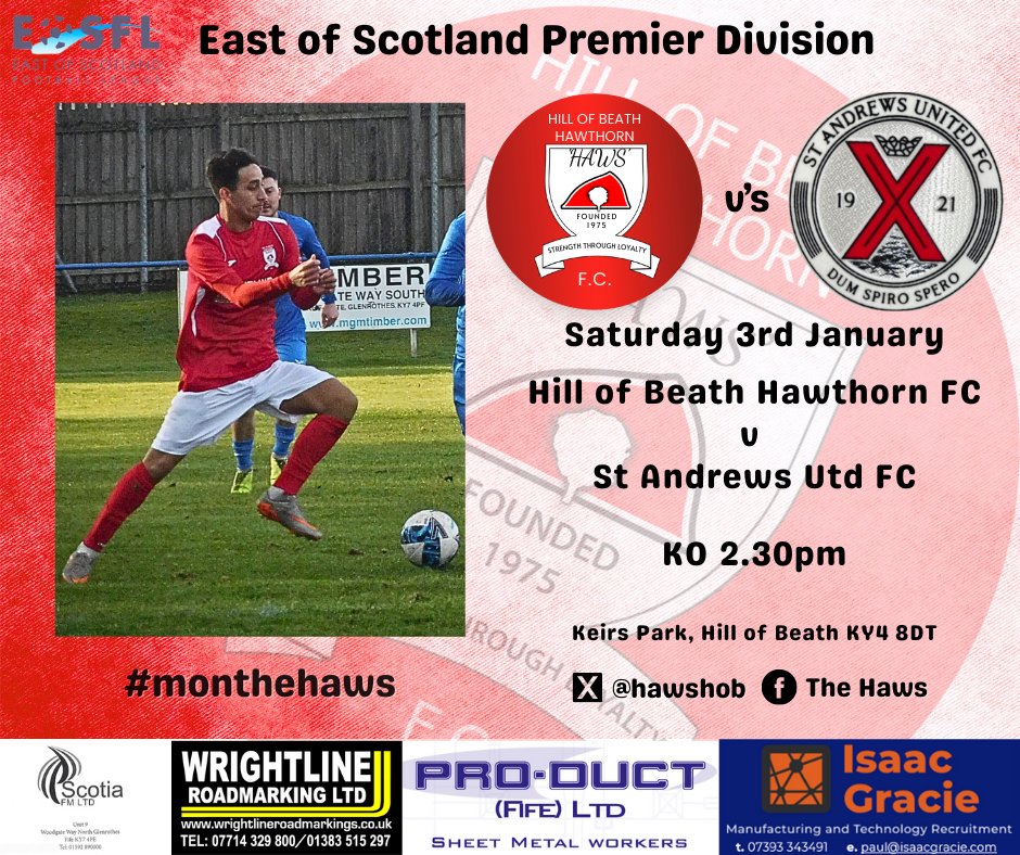 NEXT UP ⤵️

We’re back at Keirs Park this Saturday as we take on <a href="/standrewsutdfc/">St Andrews United</a> in Matchday 19 of the <a href="/EastScotlandFA/">East of Scotland Football League</a>  Premier Division.

⏰ Kick-off: 2.30pm

Come along and get behind the boys - your support makes all the difference! ⚽️🔴⚪️🔴

#monthhaws