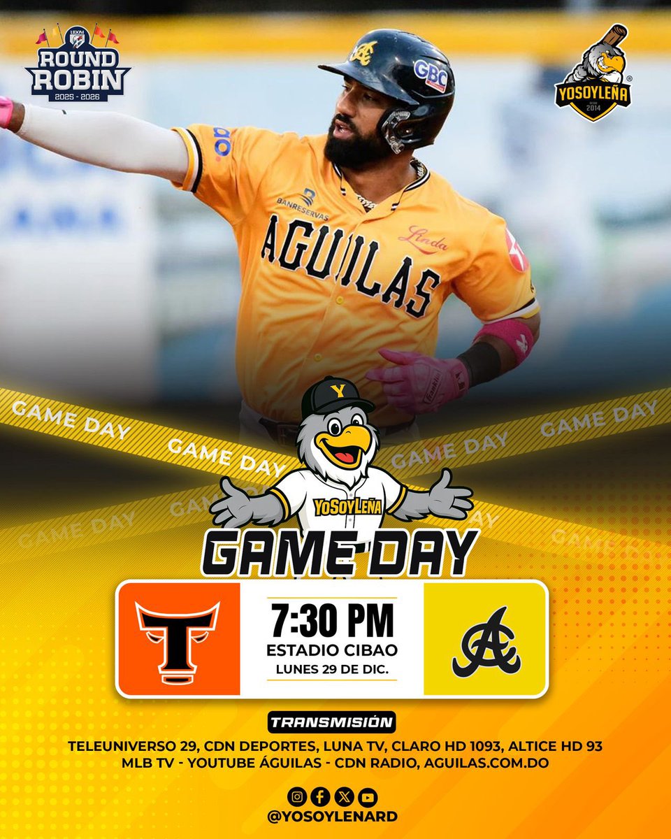 ¡JUEGO DEL DÍA! 

Nuestras <a href="/aguilascibaenas/">Águilas Cibaeñas</a> enfrentan hoy a <a href="/TorosdelEste/">Toros Del Este</a> en casa. 

🕢 7:30PM   
🏟️ Estadio Cibao 
📺 CDN Deportes | Teleuniverso 29 
📻 CDN Radio 
🖥️ YouTube Águilas | MLB TV 

#YoSoyLeña