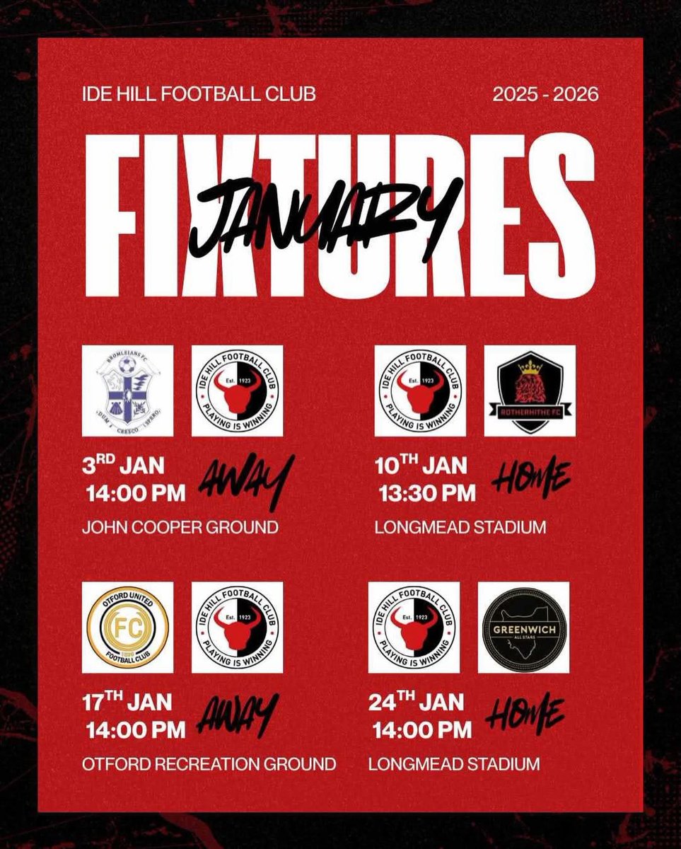 claredance2's tweet image. The break has been lovely, but the lads are ready to push on in the second half of the season! Here is how January looks for the first team #UpTheIde 🖤🤍