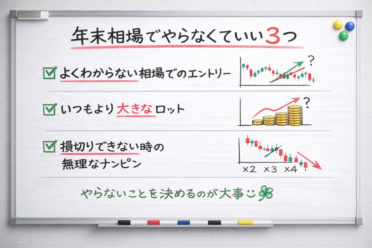年末相場で、やらなくていい3つのこと】 年末年始の相場って、 「動かないのに気になる」 「触らなくていいのに見てしまう」 そんな時間が増えますよね…  でもこの時期、 勝てる人ほど“やらない選択”をしています！ ➀ 動かない相場で無理にエントリーしない 年末は参加者 ...