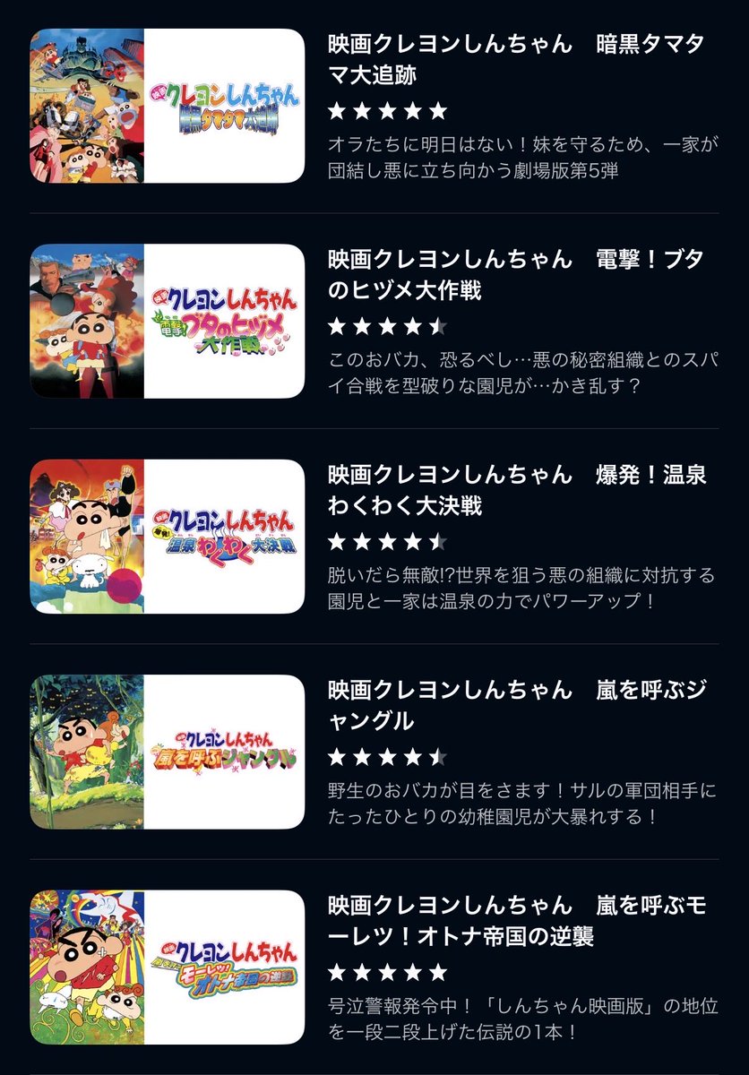 chanconab's tweet photo. U-NEXTにあるクレヨンしんちゃんの映画全部見終わった！！！
やっぱりしんちゃんの映画はおもしろいの多い！
ずっと見たかったロボとーちゃんも見れてよかった！泣いた！ https://t.co/h0a1qRAbvm