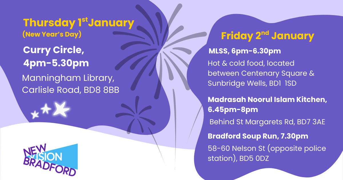 NewVisionBrad's tweet photo. Here is where people can access free &amp; #lowcostmeals across #Bradford this week.

The Salvation Army Day Shelter (BD3) is open as usual, Mon-Fri 9am-3pm, serving meals throughout the day. 

Please share this post with the people you support 
🙏👇

ℹ️ https://t.co/OdR34N2zJT https://t.co/jl08dUWlMO