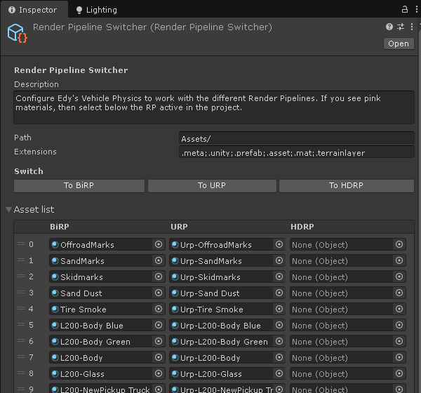 Work in progress: a tool for switching visual materials between render pipelines in Unity. This allows the Vehicle Physics packages to work across all three supported render pipelines by simply pressing the appropriate button, with materials specifically configured for each