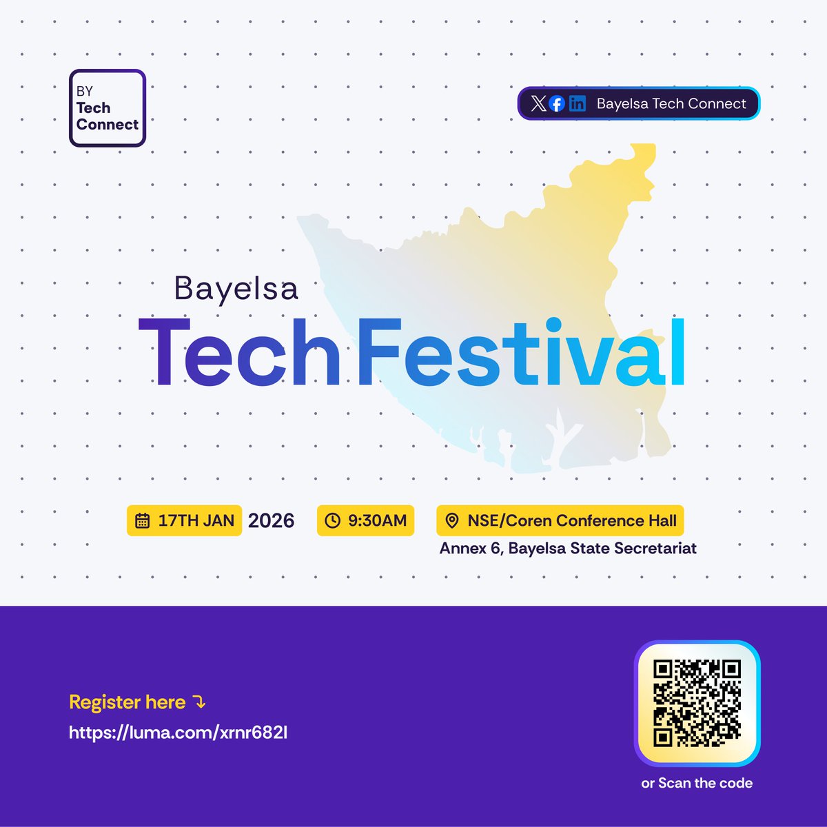 BT_Festival's tweet photo. Thinking about tech or already in it?
Join us at Bayelsa Tech Festival on January 17, 2026 to learn, connect, and explore real tech opportunities in Bayelsa.
Register for free here:
https://t.co/flwUWupkNL
#BayelsaTechFestival2026 #BTF26 #TechInBayelsa #YouthInTech https://t.co/wrqfmkDouL