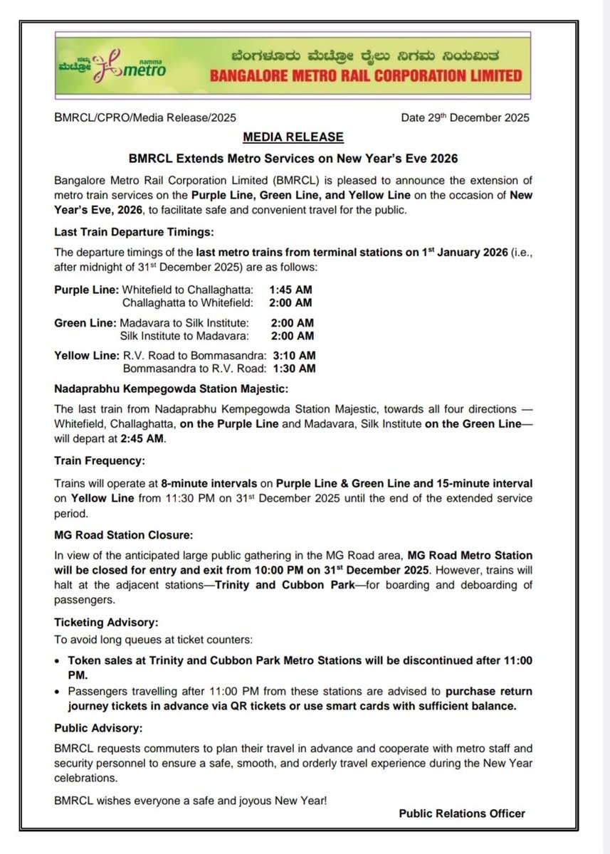 ChristinMP_'s tweet photo. Bengaluru Metro will extend services on Purple, Green, and Yellow Lines on New Year’s Eve. Last trains: Purple Line – Whitefield 1:45am/Challaghatta 2am, Green Line – Madavara/Silk Institute 2am, Yellow Line – RV Road 3:10am/Bommasandra 1:30am. Trains run every 8 mins (Purple/Green) and 15 mins (Yellow) from 11:30pm. MG Road Station closed from 10pm; passengers advised to use Trinity/Cubbon Park & QR tickets or smart cards. BMTC buses operate 11–2am on major routes @OfficialBMRCL @BMTC_BENGALURU