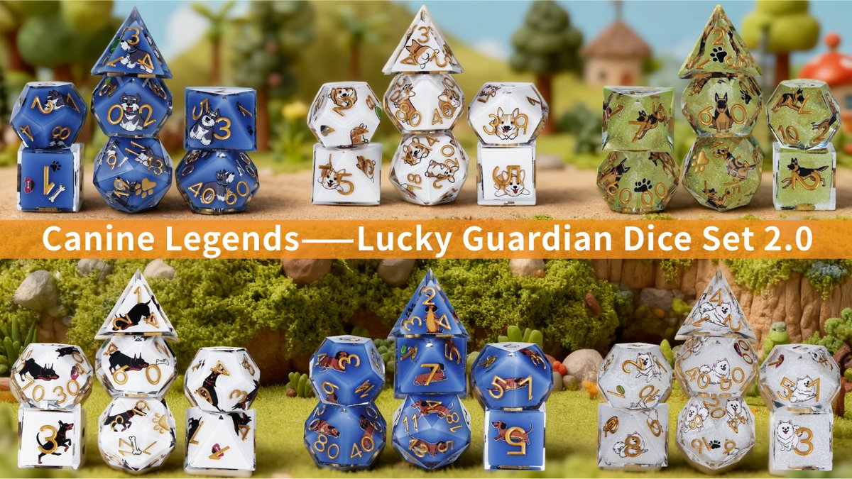 BearDiceStore's tweet photo. π¨ IT'S LIVE! Canine Legends - Lucky Guardian Dice Set 2.0 just launched on Kickstarter! π 18 breeds + 6 NEW ones in hand-painted resin w/ pawprint D20s. Super early bird deals are going fast! Back now: https://t.co/EVhO9TyhrP #DogDice #Kickstarter #DnD https://t.co/DYregkHbry