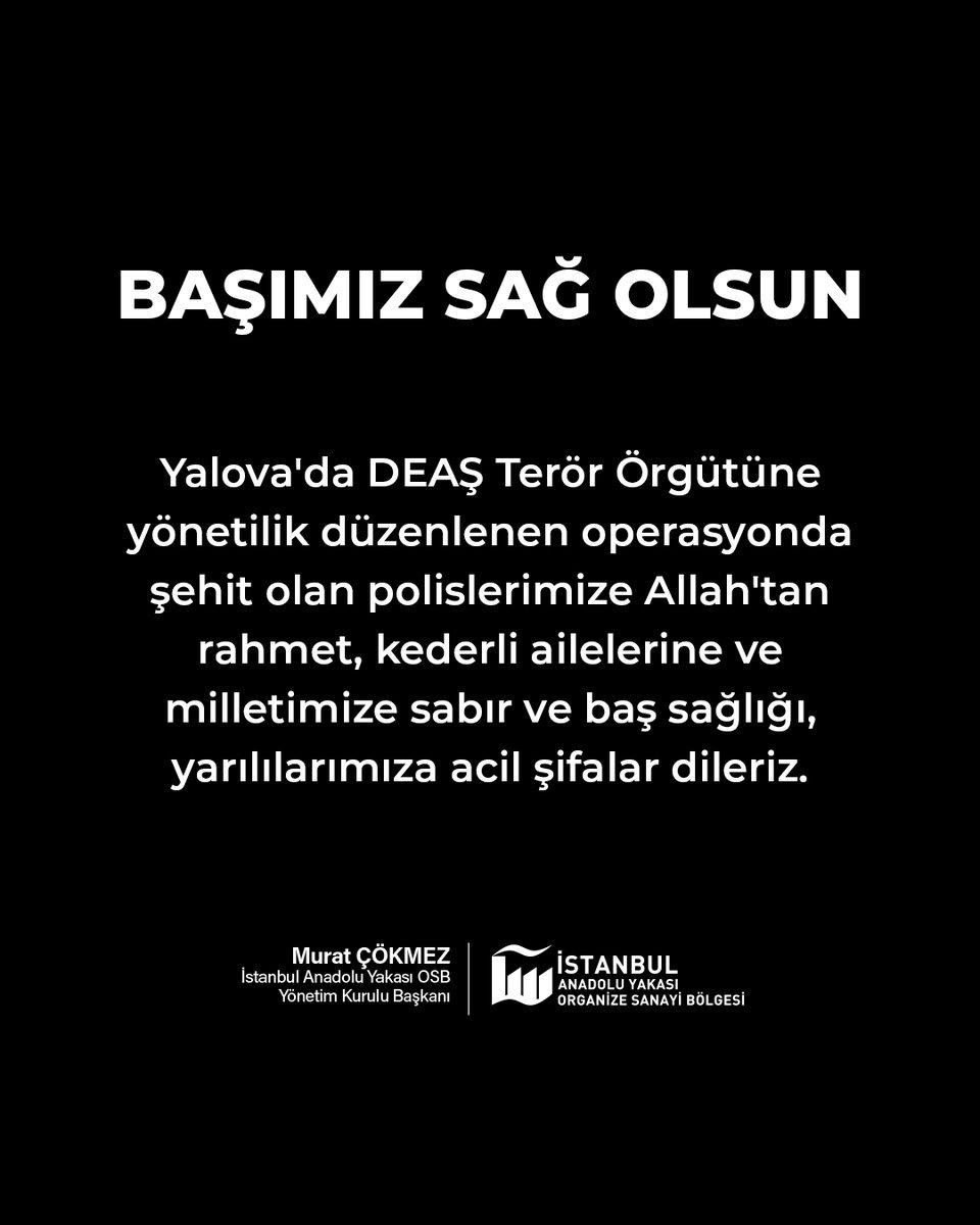 Yalova'da DEAŞ Terör Örgütüne yönetilik düzenlenen operasyonda şehit olan polislerimize Allah'tan rahmet, kederli ailelerine ve milletimize sabır ve baş sağlığı, yarılılarımıza acil şifalar dileriz.