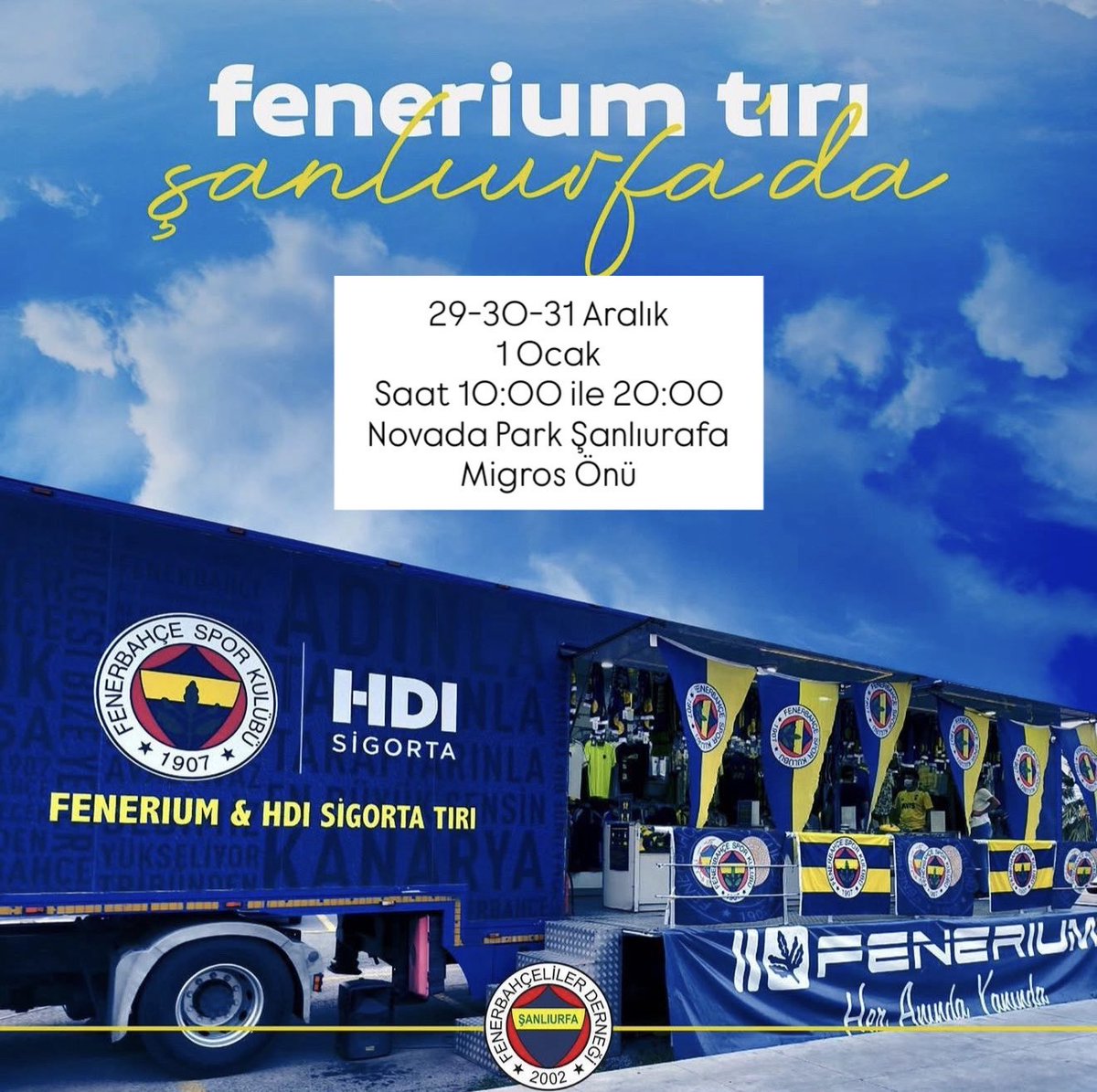 Kulübümüzün resmî ürünlerinin satıldığı Fenerium Tırımız Şanlıurfa’da.

29-30-31 Aralık ve 1 Ocak Saat 10:00 ile 20:00 arası Novada Park Şanlıurfa AVM Migros önünde tüm taraftarlarımızın hizmetinde. 
Bekliyoruz. 💛💙

<a href="/fenerium/">Fenerium</a>