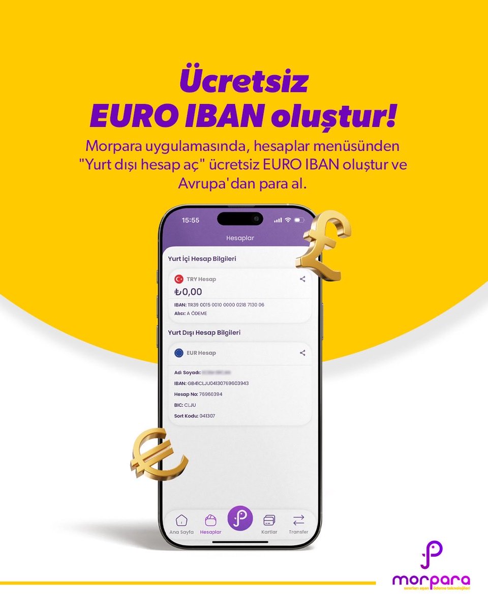 Avrupa’dan para almak çok kolay! 💶
Morpara uygulamasında “Uluslararası Hesap Aç” menüsüne gir,
 ücretsiz EURO IBAN hesabını oluştur ve beklemeden para al. ⚡️
Masraf yok, bekleme yok! 💜