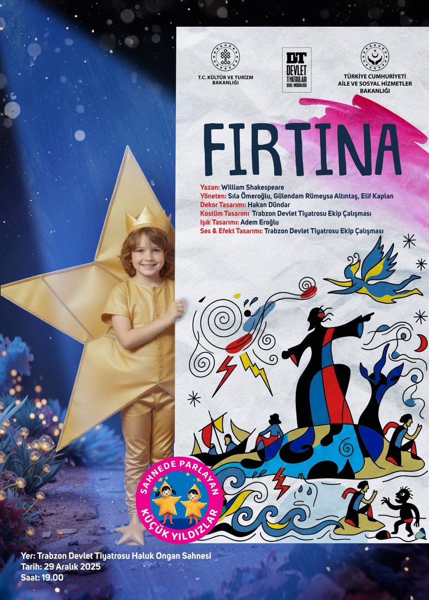Devlet Tiyatroları ile Aile ve Sosyal Hizmetler Bakanlığı iş birliğiyle hayata geçirilen Sahnede Parlayan Küçük Yıldızlar projesi kapsamında, William Shakespeare’in ölümsüz eseri Fırtına sahneyle buluşuyor.