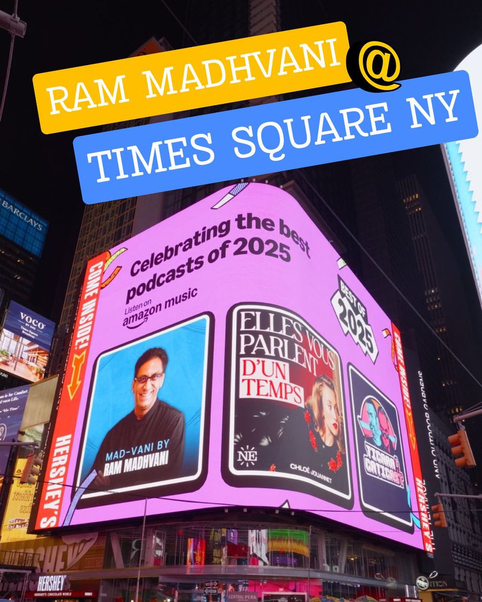 RamKMadhvani's tweet photo. I wasn’t able to see the hoarding/billboard in Times Square, New York, as one of @amazonmusicin’s Best Podcasts of the Year, personally.
But if this were a scene from a film, it would feel like something out of Bergman’s Wild Strawberries — only reversed.
Me, as a college student in New York, looking up at myself on a billboard many years later.
When I was a student at NYU, doing evening courses in filmmaking, I had a few quiet wishes.
One day, a film I made would screen at Lincoln Center.
That happened — with Let’s Talk and Everlasting Light, the documentary I made on Mr. Bachchan.
I also wished that I would be mentioned in The New York Times.
Dhamaka was mentioned as part of “Five Action Movies to Watch.”
Manhattan is where I go for my art, theatre, and culture fix.
Once, I was rushing from a film at Lincoln Center to a play downtown and asked the taxi driver to hurry.
He asked me what I did. I said, “I’m a filmmaker, and I’m rushing from a movie to a play.”
In typical New York fashion, he said, “You should work less hard!”
Yes, filmmaking is hard.
But along the way, there are many people who help make your wishes come true.
Here’s to my entire team — especially Mayank Sen and Mahalxmi Singh  at @moes_art , and @AmazonMusicIN .
To my full family, to all my friends, and all you followers who made it happen.
And, as always, to @amita_madhvani — the force behind it all.
Now, for my next wish…
