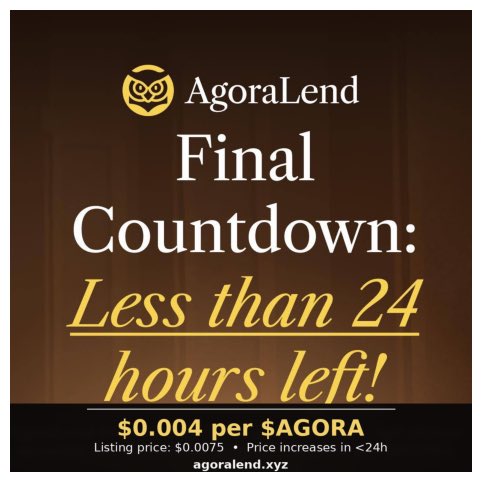 agoralend's tweet image. ⏳ 24 hours left in the current $AGORA private sale stage.
Price: $0.004 → increases next stage
Listing price: $0.0075 (today is ~47% lower)

🦉 Product progress: core lending engine + risk framework + interest mechanics are now in place — modular architecture, isolated risk…