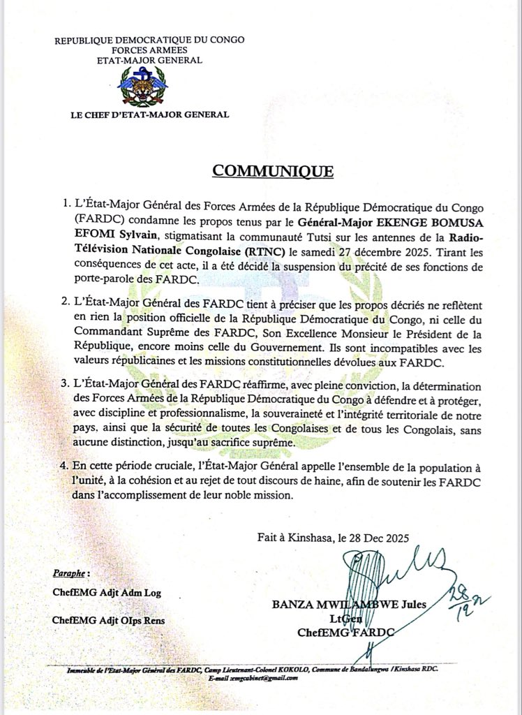 Com_mediasRDC's tweet image. 🇨🇩 Communiqué | FARDC

L’État-Major Général des FARDC condamne les propos tenus sur la RTNC par le Général-Major Ekenge Bomusa Efomi Sylvain, contraires aux valeurs républicaines.
Ces propos ne reflètent ni la position de la RDC, ni celle du Président de la République, ni du…