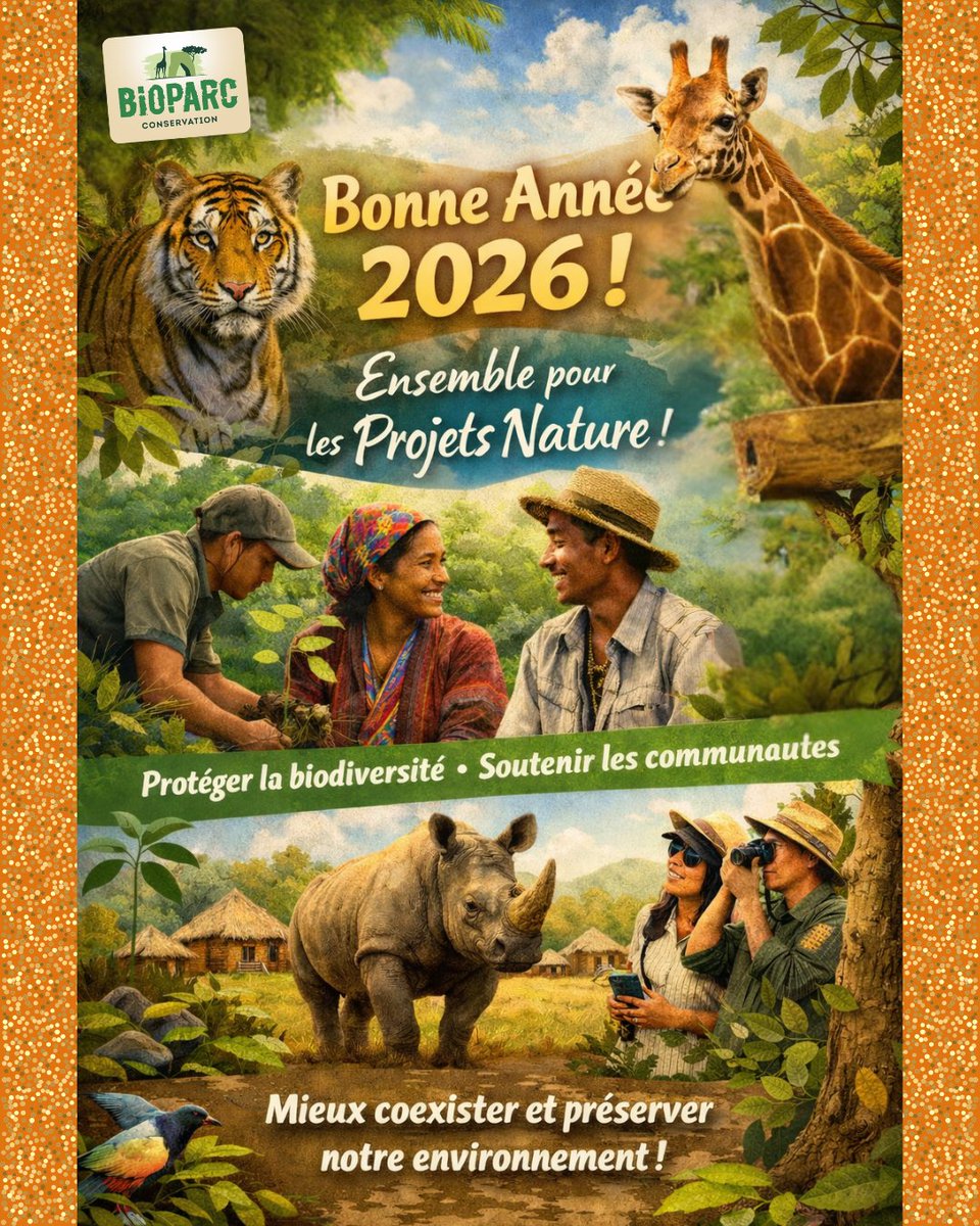 ✨ Bonne année 2026 !
💚Ensemble pour les #ProjetsNature : protéger la biodiversité, soutenir les communautés locales et préserver notre environnement commun 🌍
#BioparcConservation #BonneAnnée2026 #Conservation #Biodiversité
📷 : IA et Canva
