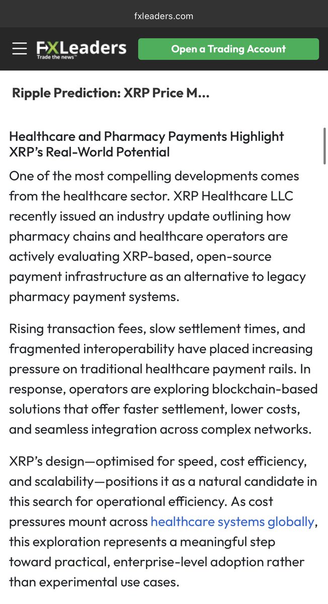 XRPHealthcare's tweet photo. “XRP Healthcare LLC recently issued an industry update outlining how pharmacy chains and healthcare operators are actively evaluating XRP-based, open-source payment infrastructure as an alternative to legacy pharmacy payment systems.”

Real-world healthcare payments matter.

Appreciate the coverage from @FXLeadersCom Leaders highlighting real-world progress beyond speculation.
 🔗 https://t.co/DA2VbTk75N