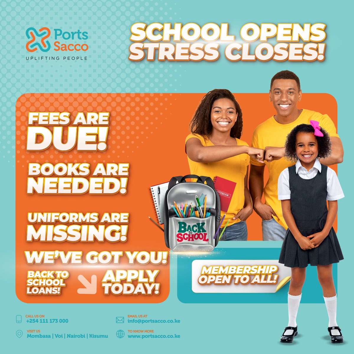 Avoid unnecessary financial stress this #backtoschool season! Apply for a #SchoolFees loan from #PortsSacco today and secure your child's prompt return to class. #UpliftingPeople
