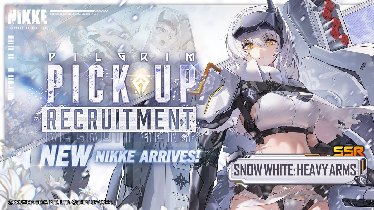 NIKKE_en's tweet image. 【Pick Up Recruitment Notice】

The pure white Pilgrim armed with new weapons -「Snow White: Heavy Arms」is coming soon~

「Snow White: Heavy Arms」Pick Up recruitment begins simultaneously!

Stay tuned!

#NIKKE
#SnowWhiteHeavyArms
#NIKKESnowWhite
#NIKKE2026NewYear