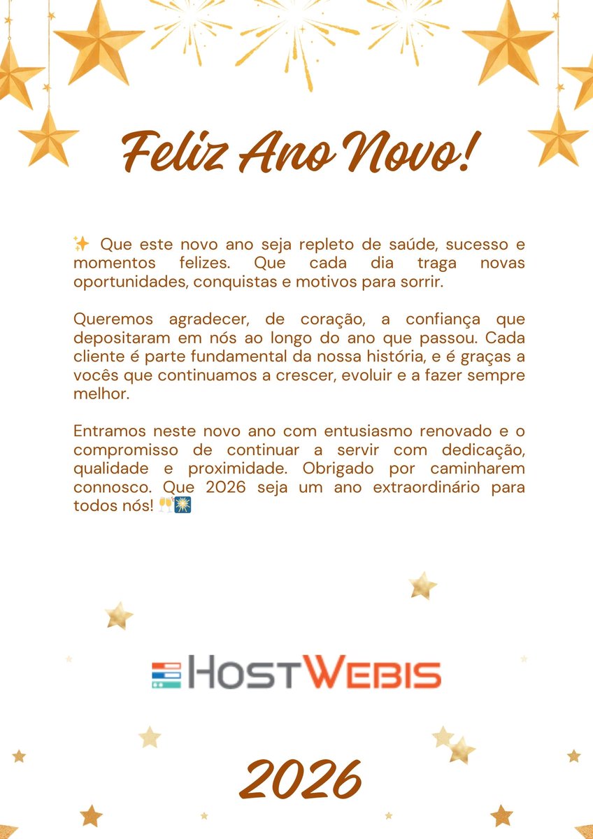 HostWebis's tweet photo. Feliz Ano Novo! ✨ Que este novo ano seja repleto de saúde, sucesso e momentos felizes. Que cada dia traga novas oportunidades, conquistas e motivos para sorrir. Que 2026 seja um ano extraordinário para todos nós! 🥂🎆 https://t.co/CPzds22udw
