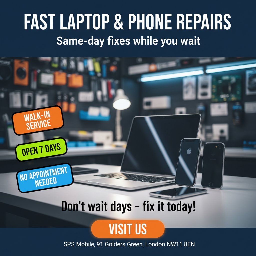 spsmobile's tweet photo. 🎄💻 Festive season = busy laptop life!
Get same-day laptop &amp; MacBook repair at @spsmobile  — walk-in, open every day &amp; free diagnosis.
📍 91 Golders Green, London NW11 8EN
#LaptopRepairLondon #MacBookRepair #GoldersGreen #NW11 #SPSMobile https://t.co/I5SSrNJDAk