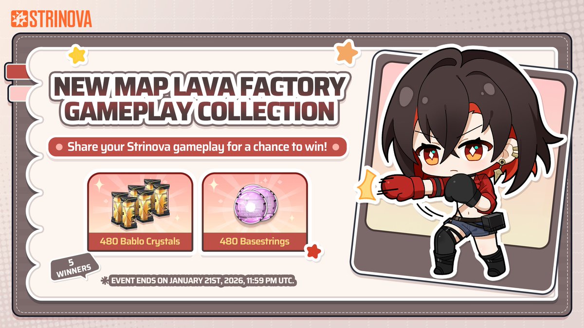 Strinova_EN's tweet image. Gameplay Collection | Lava Factory  

Jump in and show us your best moments on the new map!
Have you discovered any clever angles, or sneaky routes?

Share your plays and let everyone see how you dominate the battlefield!
How to participate: 
1. Record your Lava Factory gameplay.…