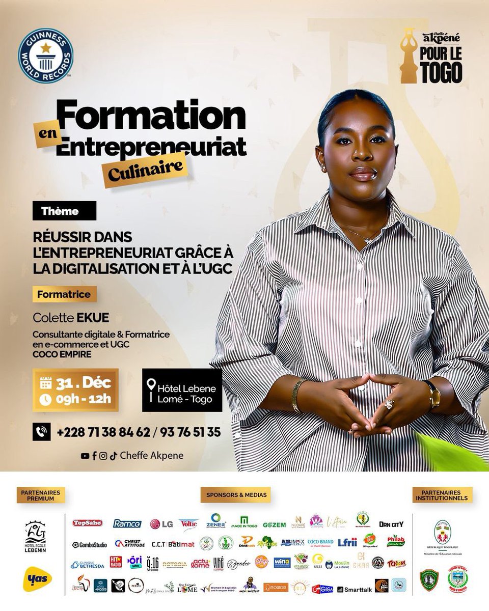Coco Empire soutient le Marathon Culinaire de la Cheffe Akpéné pour faire rayonner la cuisine togolaise

📍 31 déc. | 9h–12h | Hôtel Lebene

🎤 Thème : « Réussir dans l’entrepreneuriat grâce à la digitalisation et à l’UGC »

✅ Participation Gratuite
🔗 formation.cheffeakpene.com