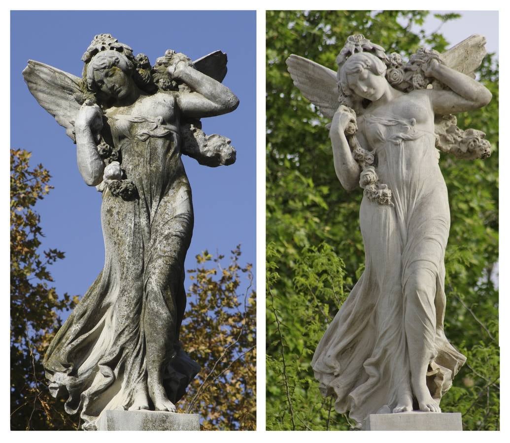 Ruinosas y ocultas por vegetación, las Victorias Aladas de la Plaza de América fueron invisibles durante décadas. Su restauración supuso su puesta en valor como hitos paisajísticos. Devuelto su protagonismo, hoy ejercen como anfitrionas de Sevilla y emblemas de su época.